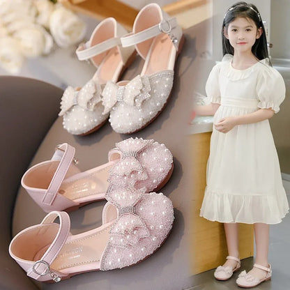 Spring and Summer Girls' Princess Shoes Sandals Flat  Kids Dresses Shoes Pearl  for Kids and Teens