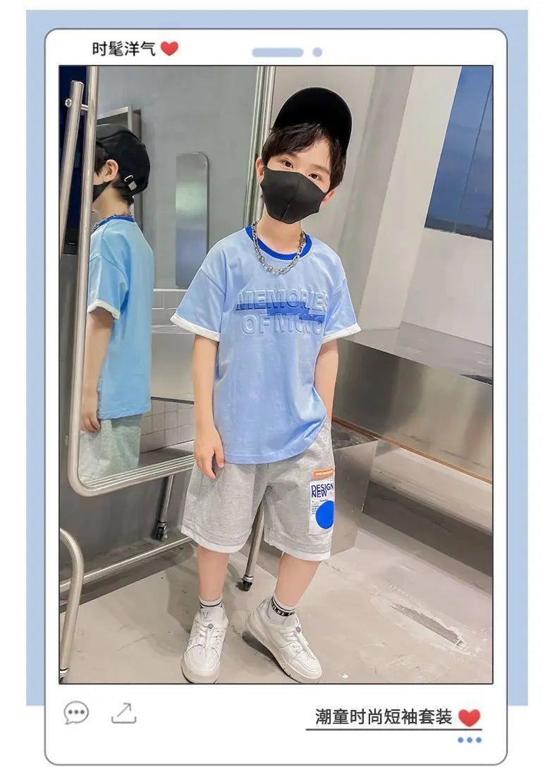 Teen Boys Tracksuit Clothes Sets 2026 Summer Children Gradient Letter Print Short Sleeve T-shirt+Shorts 2Pcs Kids Casual Outfits