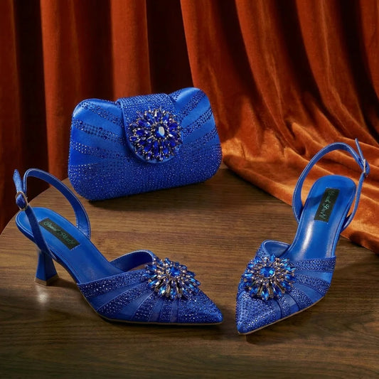 New Itlian Design Blue Color Rhinestone High Heel Shoe And Bag Fashion Style Pointed-Toe Shoes For Comfort Included Women Shoes