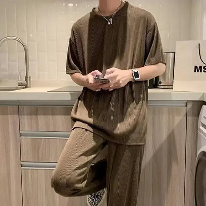 High-End Ice Silk Men's Sports Suit Casual Home Use Long Pants Short Sleeves Quick Drying Top Set Summer Collection