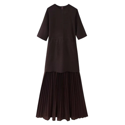 Women Elegant Half Sleeves O-Collar Pleated Dress Spring Woman Rear Zipper Splicing Vintage Casual Knitted Long Dress