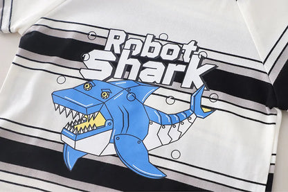 2026 Adorable Children Clothing Outfit Kids Boys Sets Summer 1-5Y Baby Boys Cotton Striped Shark Print T-Shirt and Denim Shorts