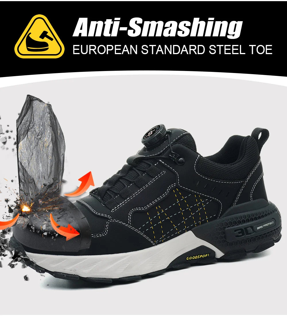Men's safety shoes with anti - impact steel toes, puncture - resistant Kevlar, and rubber anti - slip soles for industrial work.