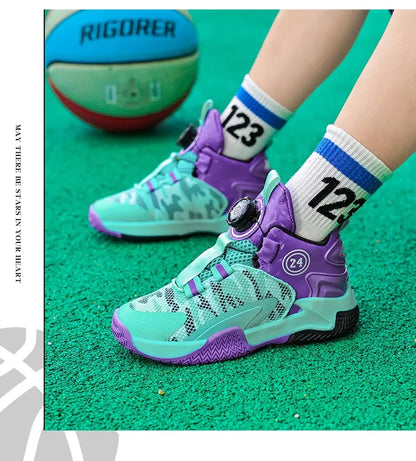 Boys Girls Quick Twist Lace Basketball Shoes Wear Resistant Comfortable Outdoor Athletic Footwear