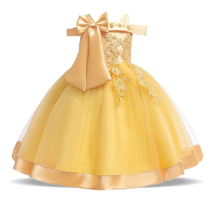 Summer Bow Party Wedding Girls Dresses Elegant Tulle Bridesmaid Birthday Princess Prom Dress Girl Gala Christmas Evening Costume