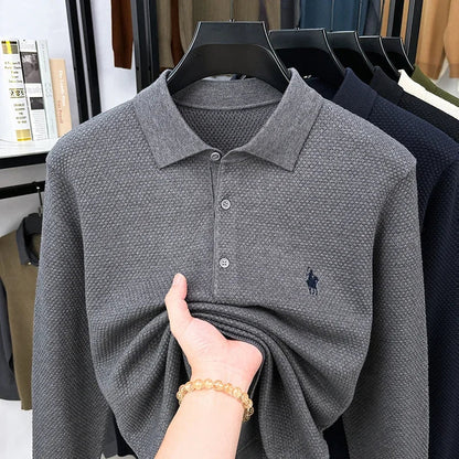 High-end Quality Men's Casual Outdoor Pineapple Pattern Knitted Long-sleeve Polo Shirt (eco-cotton, No Shrinkage No Deformation)