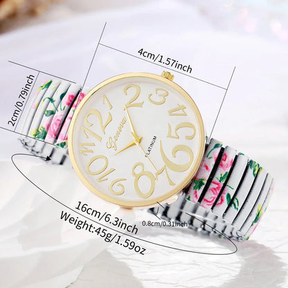 1/2/3/4PCS Fashion Flowers Printed Women Watch Luxury Elastic Strap Arabic Quartz Watches Reloj Mujer Girls Clock（Without Box）