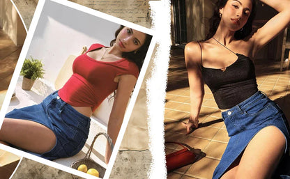 Women's Mid Rise Stretchy Denim Skirt Asymmetrical High Slit Midi Length Casual Streetwear for Summer & Party Outfits