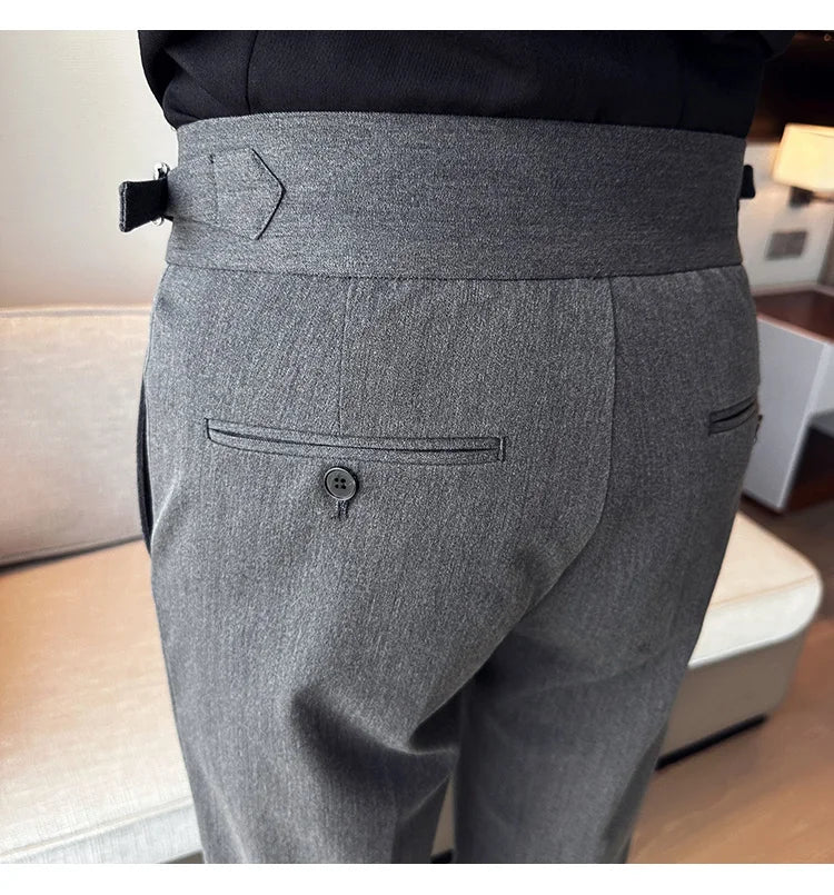 New Spring Autumn High Waist Smart Casual Dress Pants Men Belt Design Slim Suit Pants Formal Wedding Social Party Mens Trousers