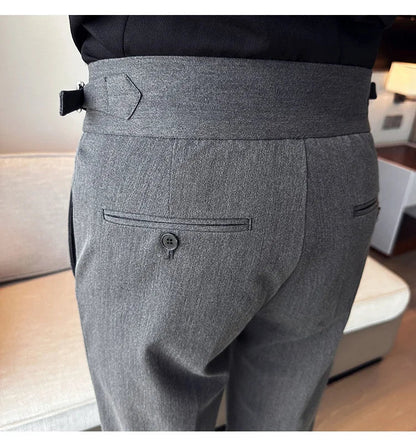 New Spring Autumn High Waist Smart Casual Dress Pants Men Belt Design Slim Suit Pants Formal Wedding Social Party Mens Trousers