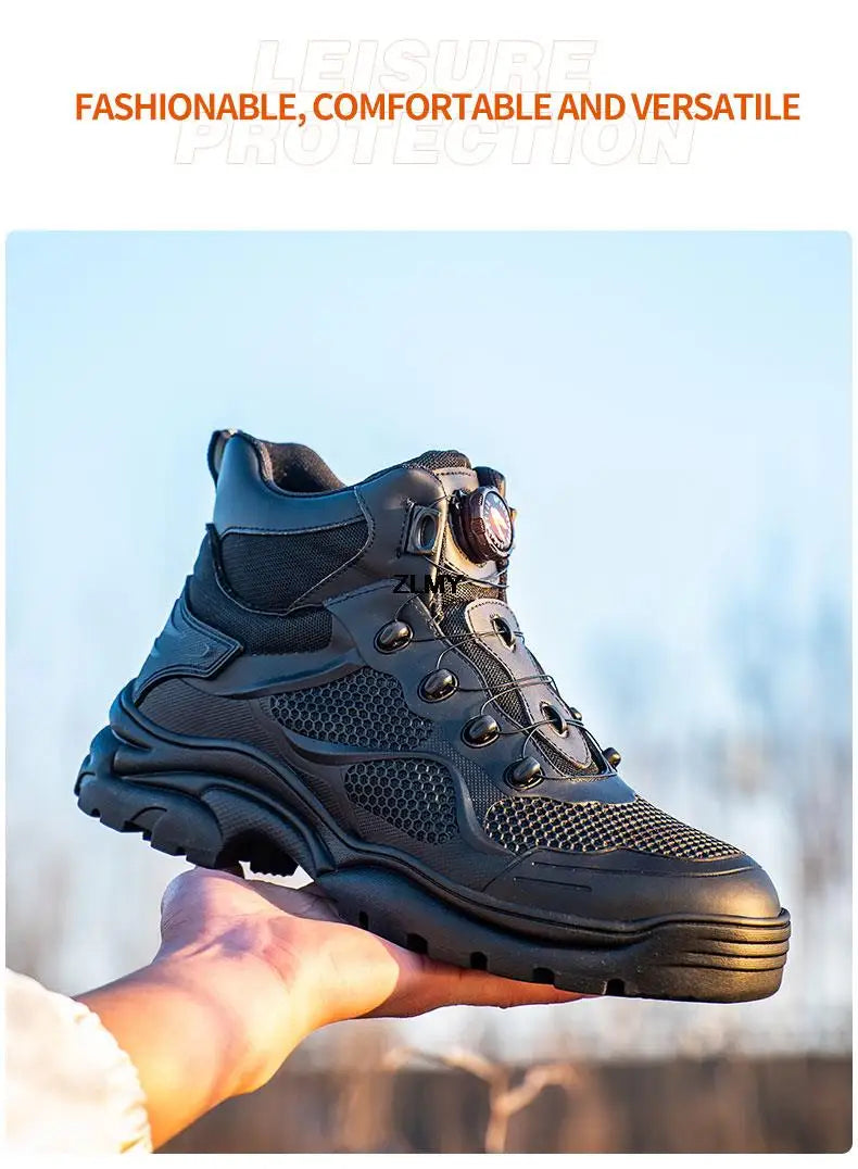 Construction Work Boots Men Steel Toe Safety Shoes Rotated Button Anti-smash Puncture Proof Sneakers Man High Top Security Boot