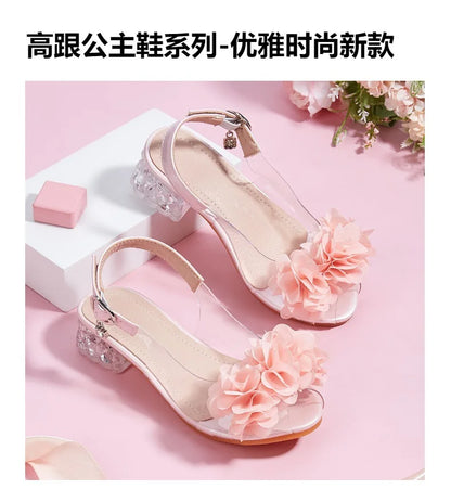 2025 New Fashion Flower Girl Princess Sandals Summer Fish Mouth Transparent Thick Heel Open Toe Children's Sandals High Heels