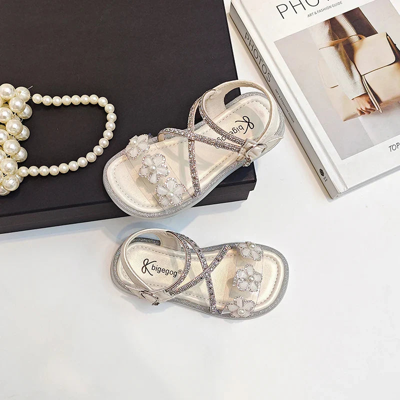 Girls Princess Sandals Children Summer Beach Shoes Soft Bottom Anti-slippery Fashion Kids Flowers Rhinestone Sandals Size 23-36