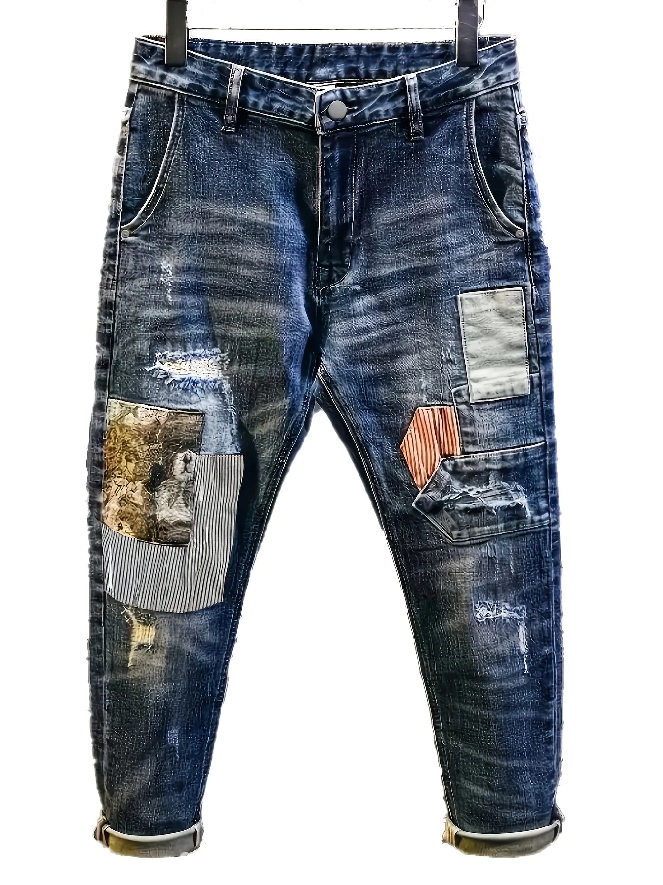 Calça Jeans Masculina Rasgada com Aplique de Urso e Detalhes de Strass, Modelo Retrô Solto Clássico, Marca Tendência Streetwear