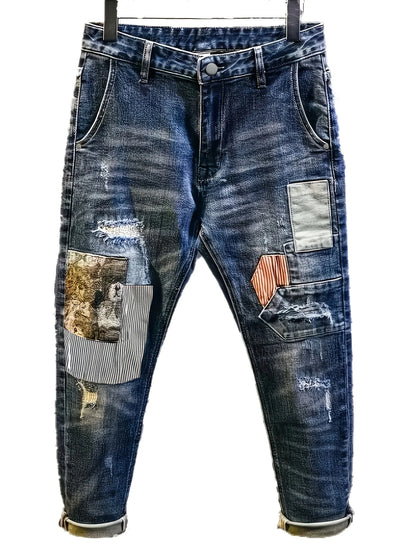 Calça Jeans Masculina Rasgada com Aplique de Urso e Detalhes de Strass, Modelo Retrô Solto Clássico, Marca Tendência Streetwear