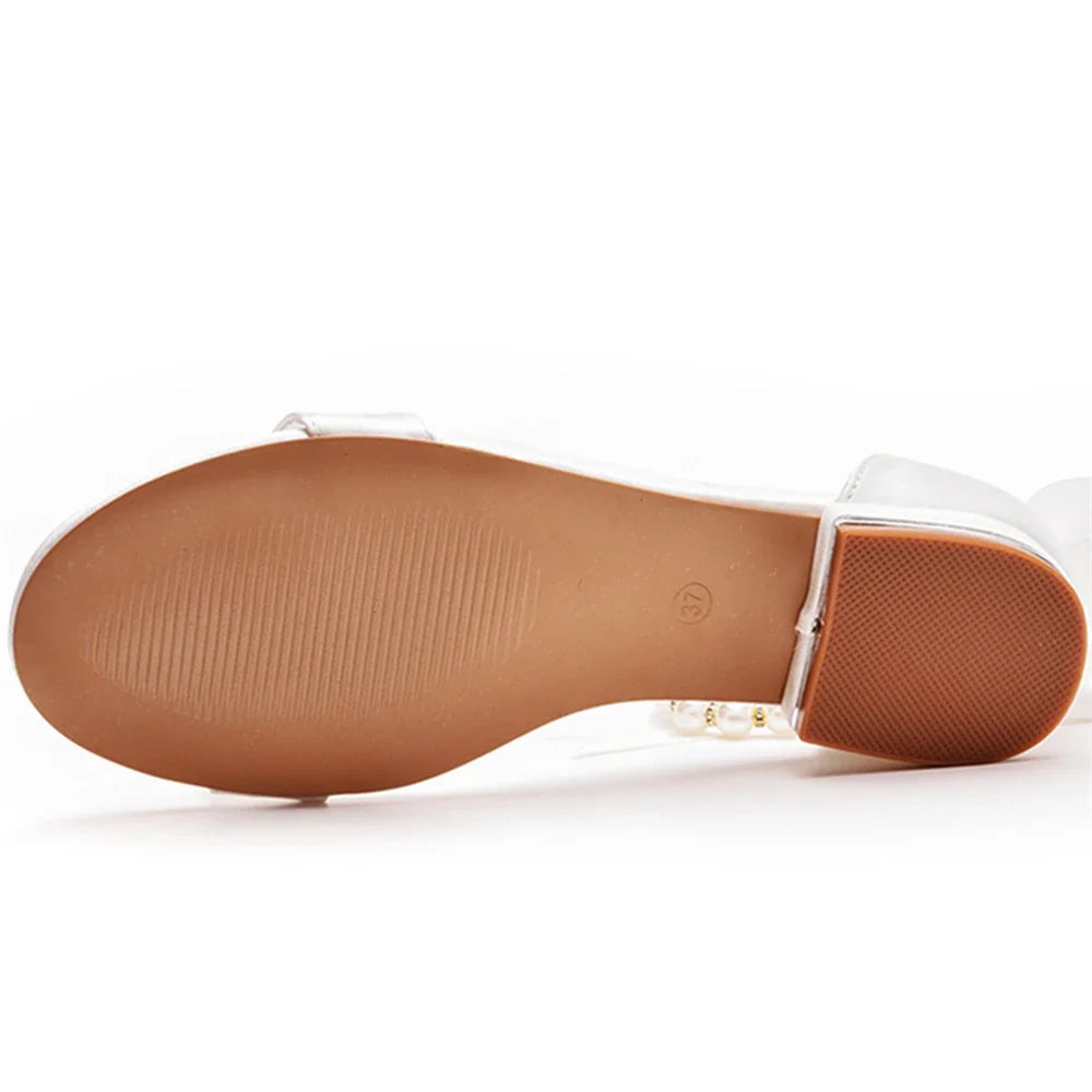 Summer new 2-cm square-heeled silk ribbon pearl rhinestone low-heeled wedding shoes beaded lace-up flat large-size women sandals