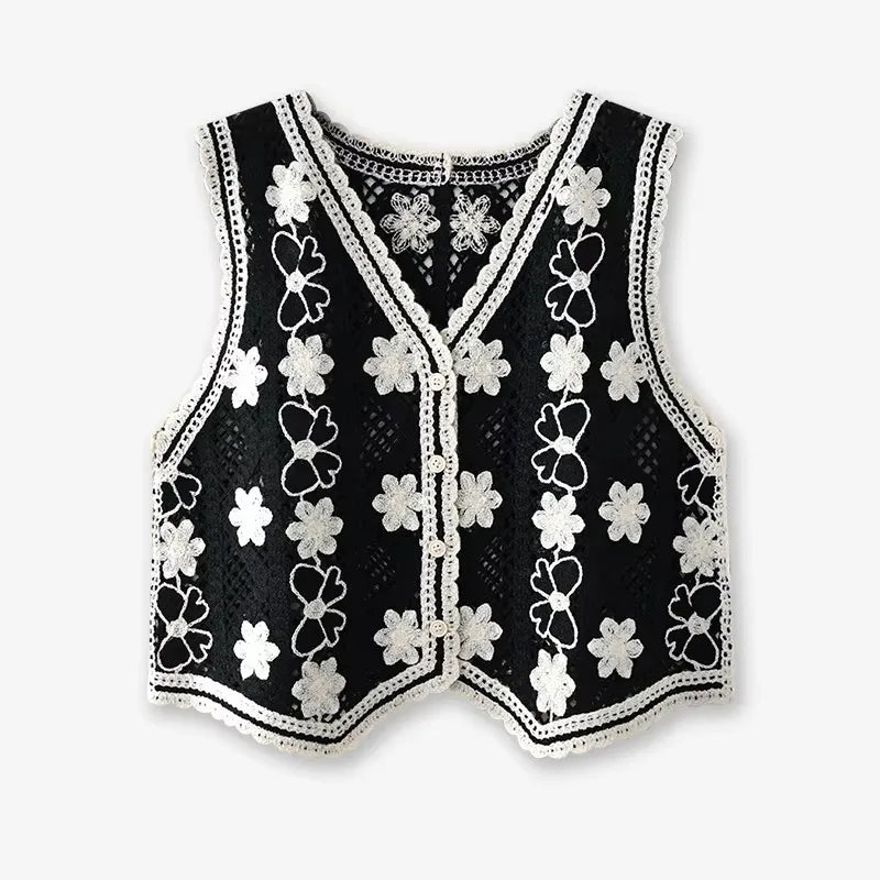 Floral Crochet Vest for Women Openwork Button Front Sleeveless Jacket Waistcoat Bohemian Summer Beach Vacation Outfit