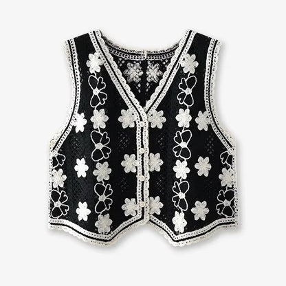 Floral Crochet Vest for Women Openwork Button Front Sleeveless Jacket Waistcoat Bohemian Summer Beach Vacation Outfit
