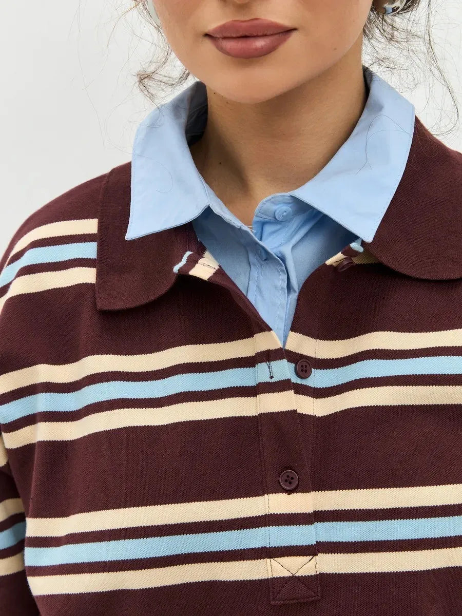 Autumn Casual Stripes Contrast Long-sleeved T-shirt Women Button Lapel Polo Shirt Tshirts New Streetwear Retro Chic Tops 2025