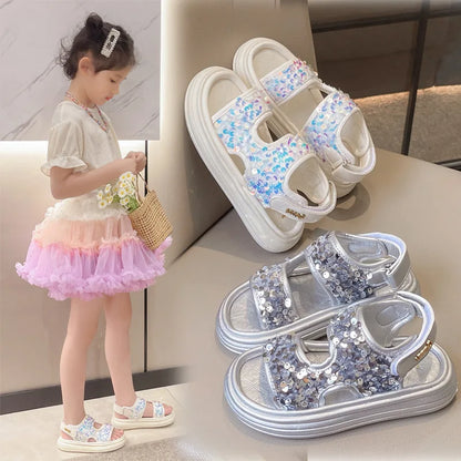 Summer Children's Sandals Sequins Thick Soled Girls Causal Princess Open-toe Sandals Fashion Non-slip Kids Beach Shoes Versatile
