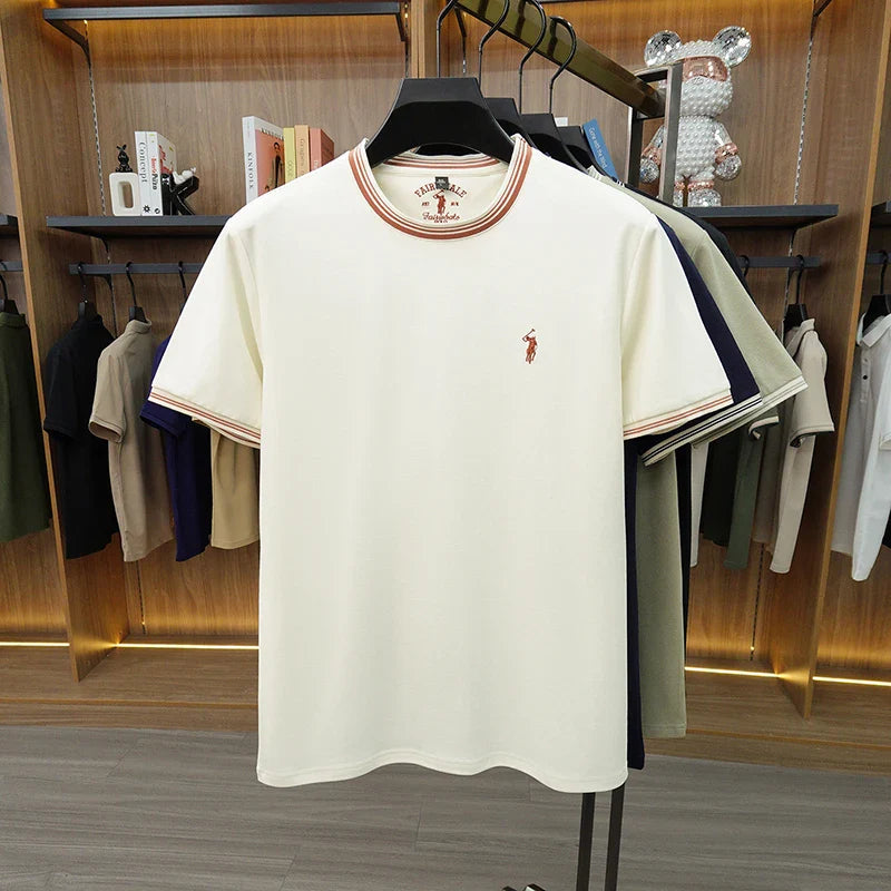 Summer New Cotton Men's Light Luxury Embroidered Versatile Round Neck Loose Short Sleeved Top