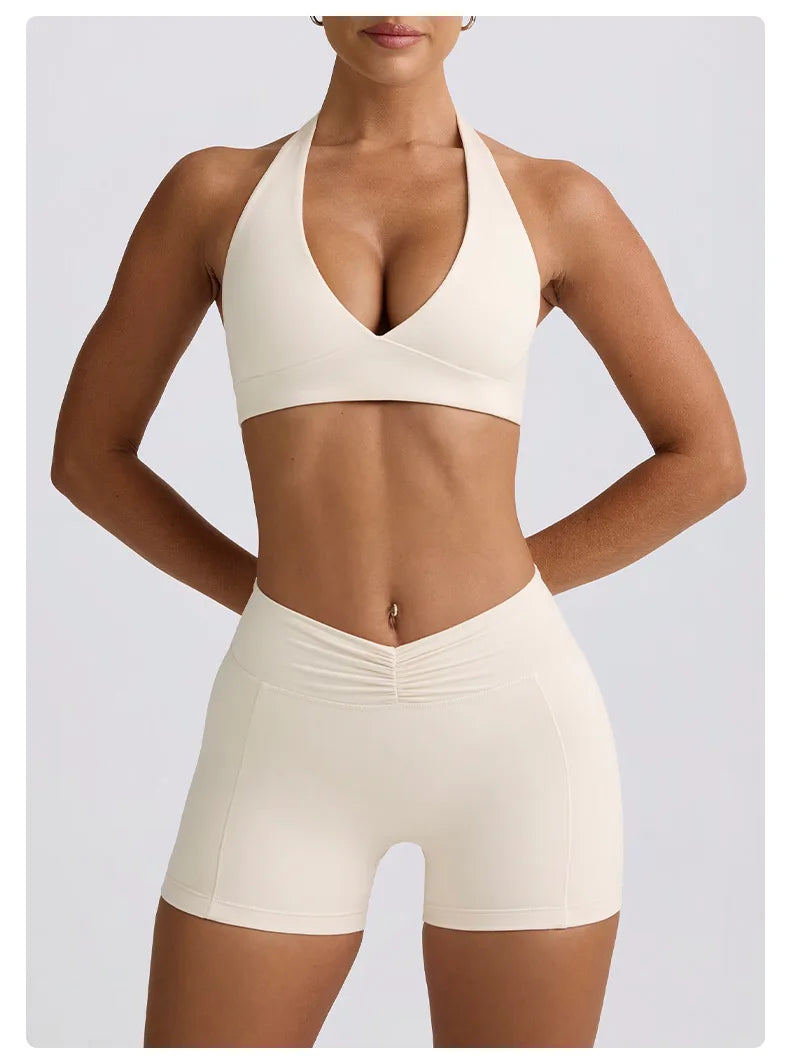 Women's Yoga Suits Quick Drying Leggings Gym Shorts Nude Hanging Neck Bra Running Gym Exercise Sets