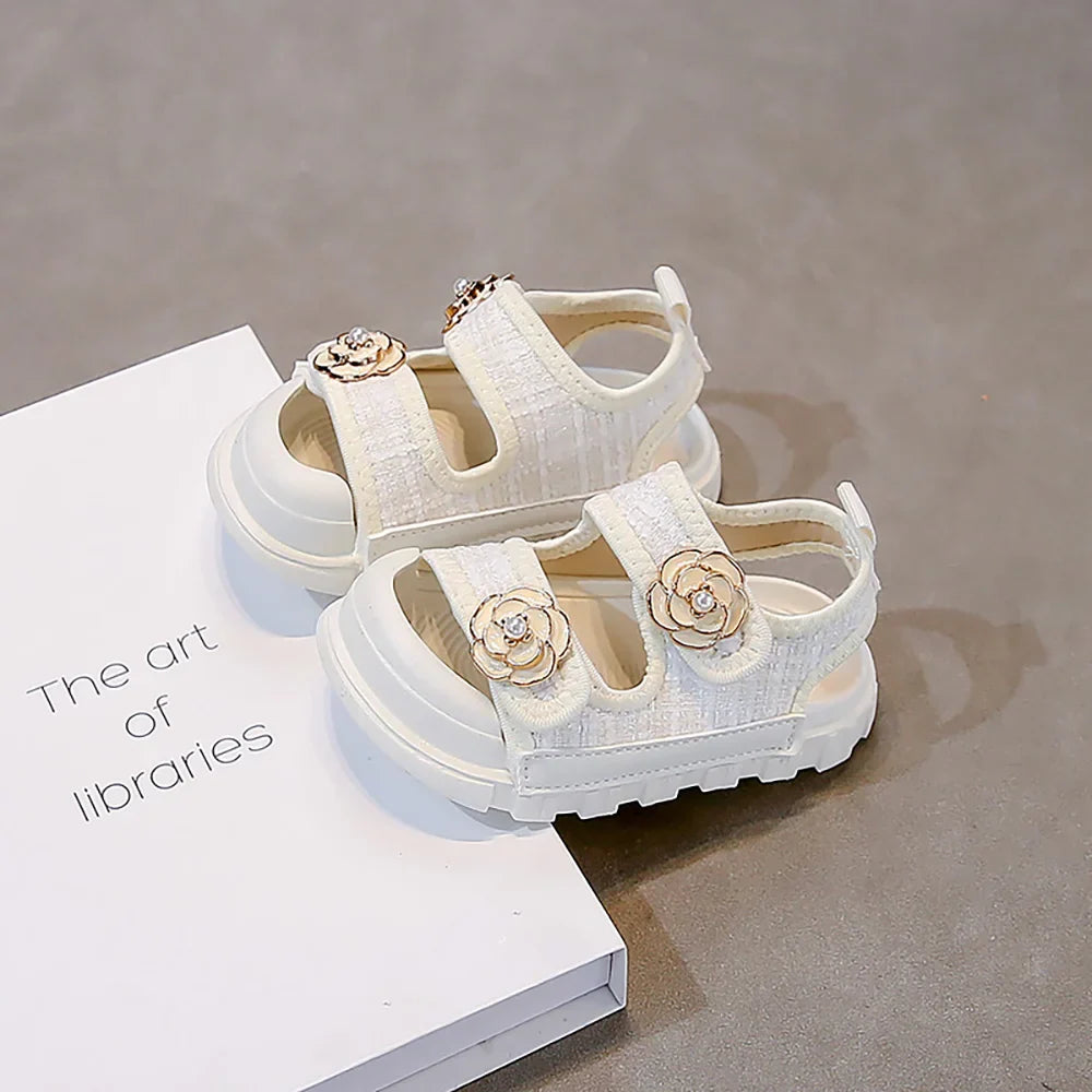 Korean Style Summer Sandals For Girls Luxury Pearl Flower Children's Beach Shoes Ergonomics Soft-soled Kid's Girl's Sandals