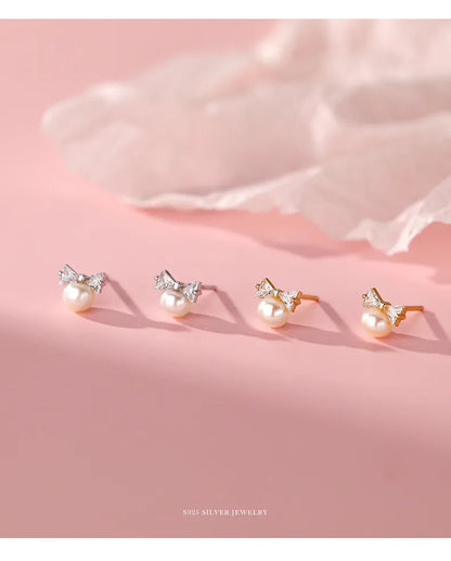 Korea Exquisite Vintage Zircon Pearl Bow Sweet Stud Earrings for Women 925 Sterling Silver Jewelry
