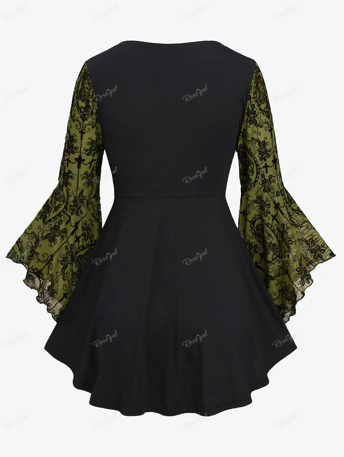 Plus Size Gothic Bell Sleeves Cross Floral Mesh Flocking Lace Up Ruched Ruffles 2 in 1 Long Bell Sleeve Top