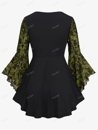 Plus Size Gothic Bell Sleeves Cross Floral Mesh Flocking Lace Up Ruched Ruffles 2 in 1 Long Bell Sleeve Top