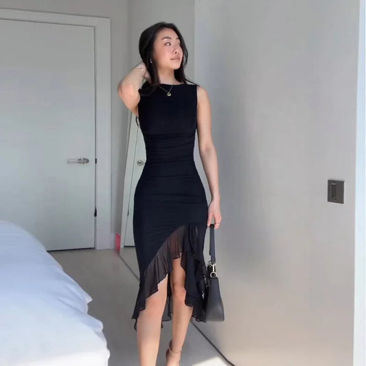 Women Maxi Dress Summer Elegant Solid Sleeveless Nipped Waist Slim Backless Ruffled Irregular Party Dresses Streetwear