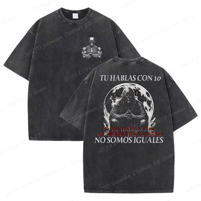 Calacas Chidas Gym Washed T-Shirts Men's Trendy Cool Skeleton & Gym Print Oversized Tshirt Summer Tees Streetwear Casual Tops