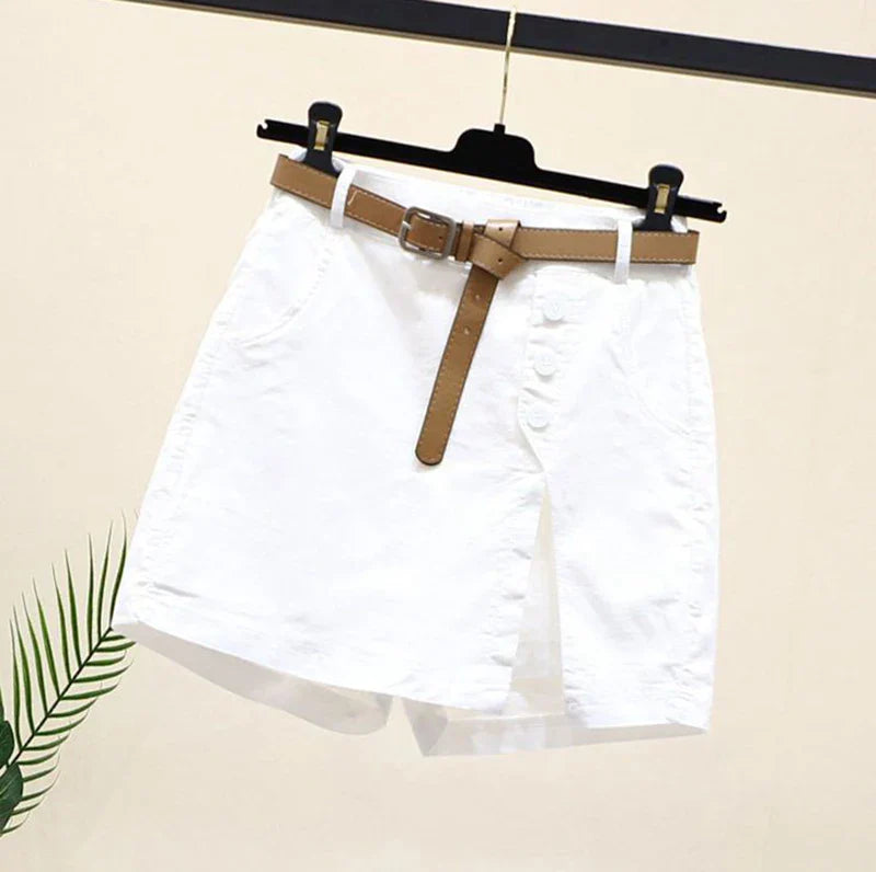 Chic Shorts Women Belt Korean Solid Buttons Side Slit A-line Streetwear Fashion Skirts Chic Harajuku Summer Loose Pants