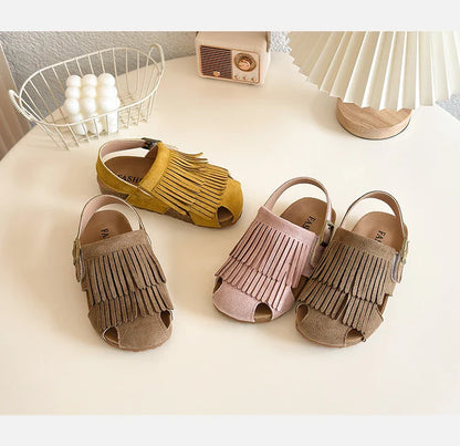 2025 Summer New Girls' Sandals Korean Style Tassel Princess Shoes Frosted Leather Hollow Sandals Comfortable 23-31