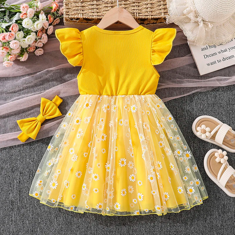 Girls 4-7 Yellow Summer Casual Dress, Front Ruffled Sleeve Design with Bow & Daisy Print Tulle Skirt, Daily Kids Outfit