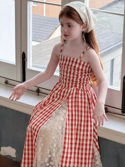 2025 Summer New Children Fairy Long Dress for Girls French Red Checkered Lace Splicing Lace Strap Dress