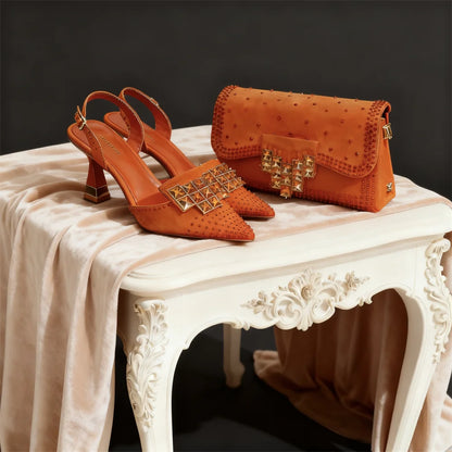 Italian Fashion Design Shoes and Bags Matching Set  High Heels green Color Rhinestones Elegant Women Shoes for Party