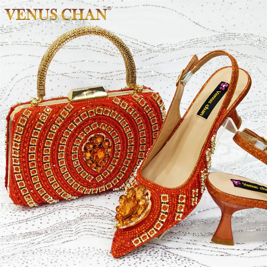 Wome High Heel for Lady 2025 Luxury Designer Orange Color Full Diamond Pointed Toe Wedding Shoe and Bag Set for Party