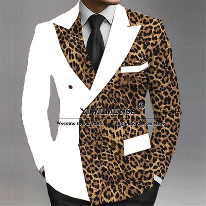 Leopard Splicing Wedding Tuxedo Bespoke Groom Wear Peaked Lapel Prom Male Birthday Party Jacket Black Pants 2 Pieces Suits Men