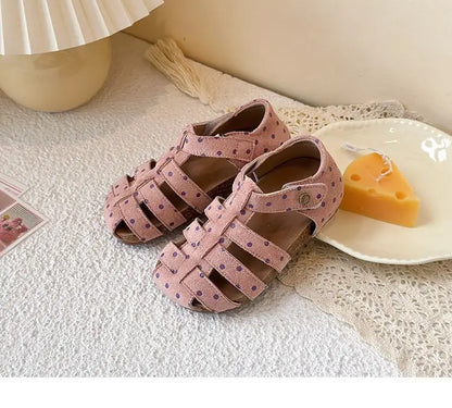 All Over Print Polka Dot Children Sandals for Girls Suede Leather Summer Students Holiday Shoes Girl Daily Shoes Cut-outs I05103