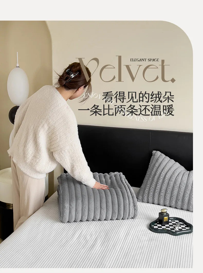 2025 New Rabbit Plush Blanket Draw Stripe Thickened Flannel Blanket Shawl Coral Fleece Sofa Blanket, without Pillowcase