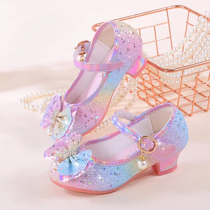 Girls Shoes New Children's Princess Single Shoes Fashion Korean Version High Heel Color Sequins Girls High Heel Leather Shoes