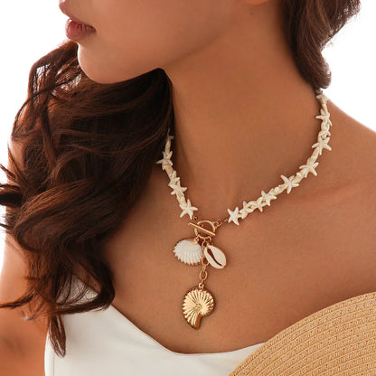 Retro Starfish White Shell Conch Pendant Necklace  Women 2024 Simple Creative Colorful Stones  Hand Woven beach Jewelry Girls