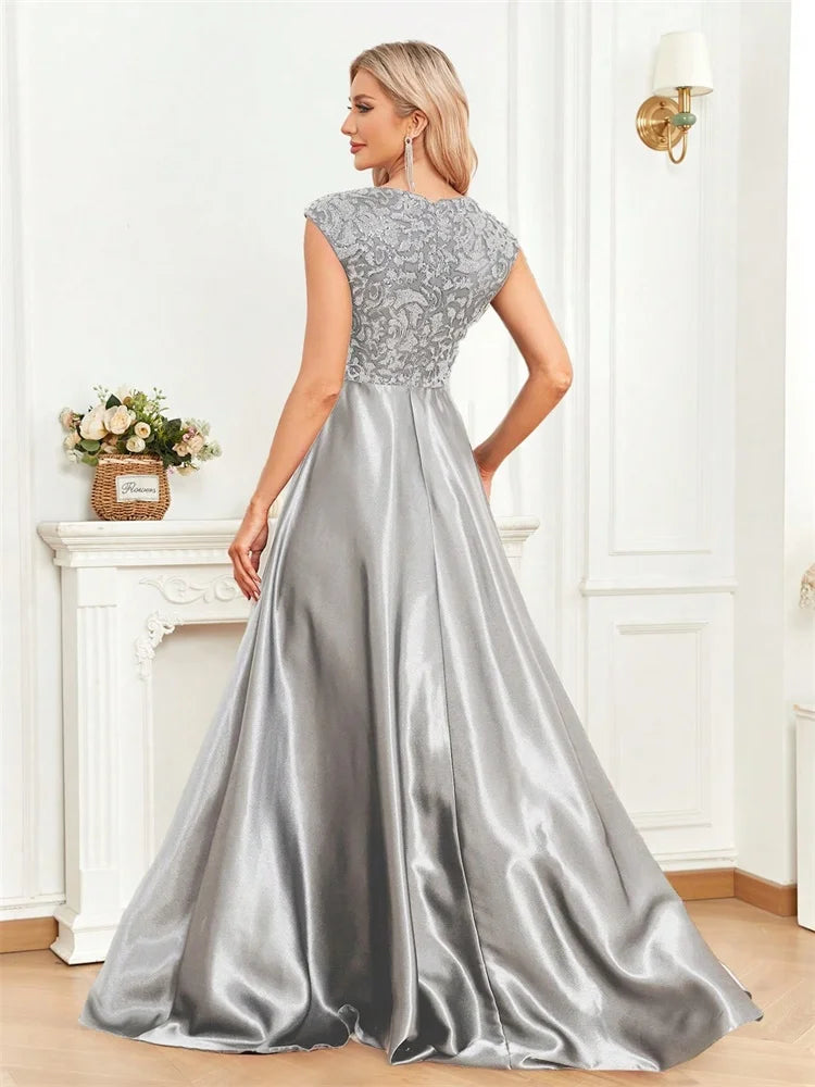 Vestido Longo Preto Elegante com Lantejoulas para Noite Feminino 2025 Luxuoso Decote U Cetim Formatura Festa Coquetel