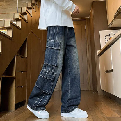2025 Autumn New Men's Loose Jeans Multi-pocket Work-wearing Jeans Street Hip-hop Straight Wide-leg Pants Baggy Dance Pants
