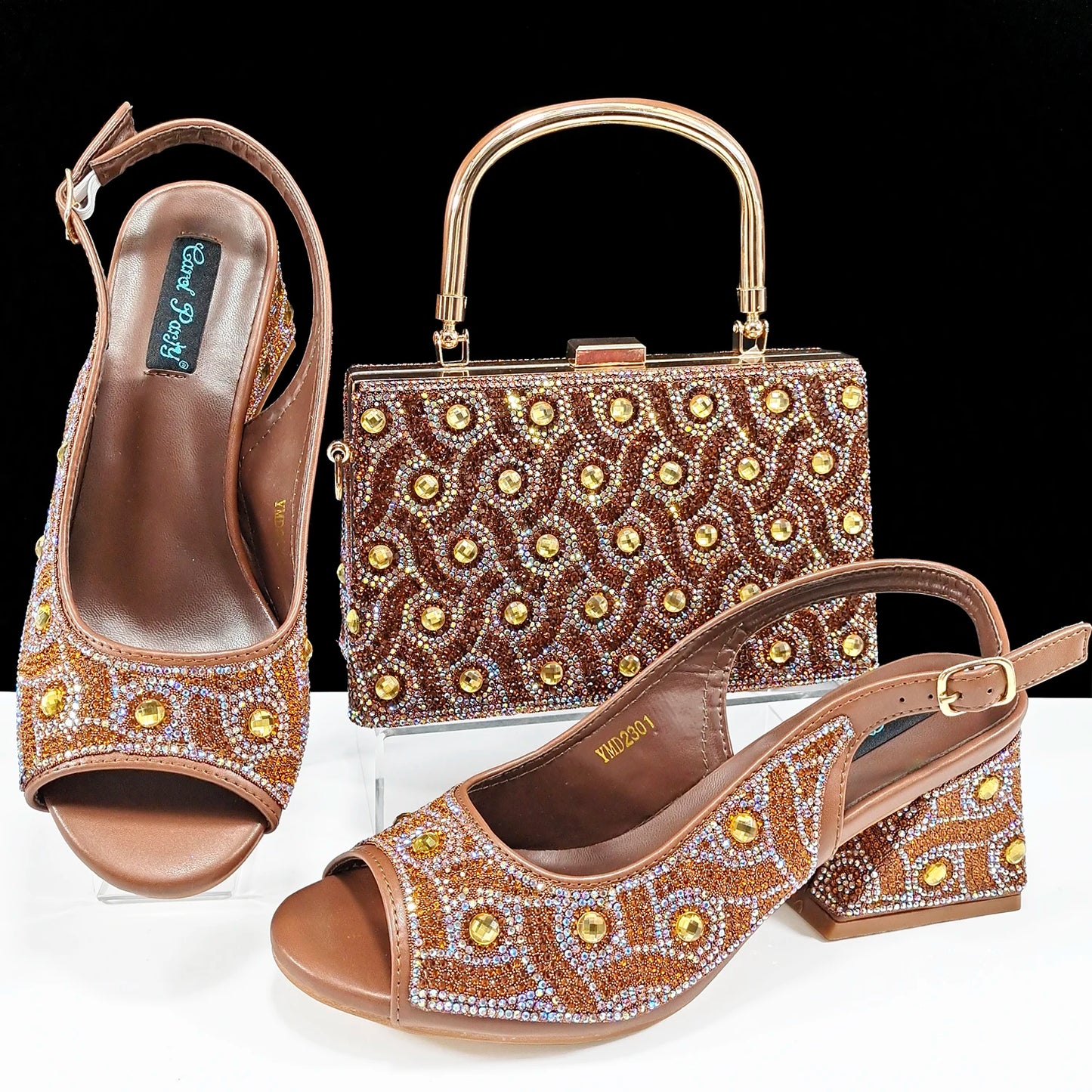 Q Rhinestone Design INS Hot Sale New Arrivals African Shoes and Bag Set in Green Color Open Toe Comfortable Women Heels