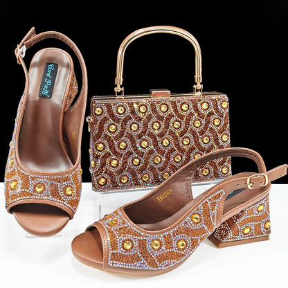 Q Rhinestone Design INS Hot Sale New Arrivals African Shoes and Bag Set in Green Color Open Toe Comfortable Women Heels