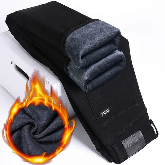 Winter Men Black Straight Stretch Denim Thick Velvet Pants Warm Jeans Casual Fleece Line Trousers Male Plus Size