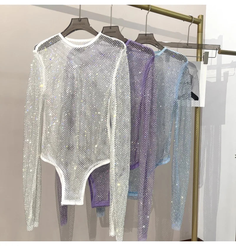 Women's Shiny Rhinestone Fishnet See-Through Bodysuit Mesh Fashion Sexy Bodysuit