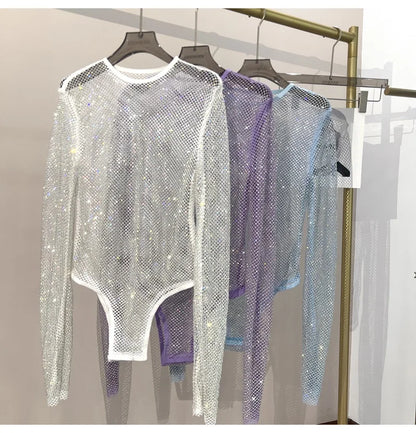 Women's Shiny Rhinestone Fishnet See-Through Bodysuit Mesh Fashion Sexy Bodysuit